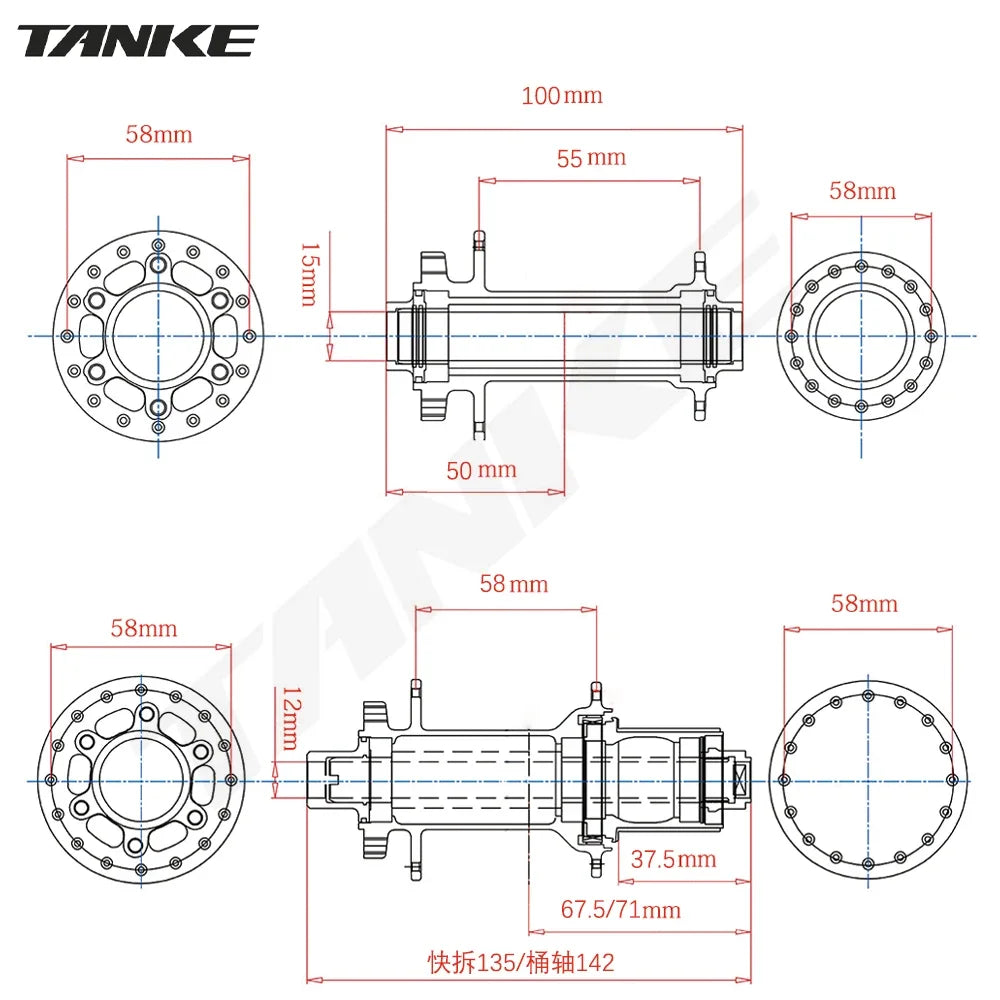 Click Hub 6 Bearing MTB Front Rear 28 32 36 Holes QR Thru-axle TANKE 120