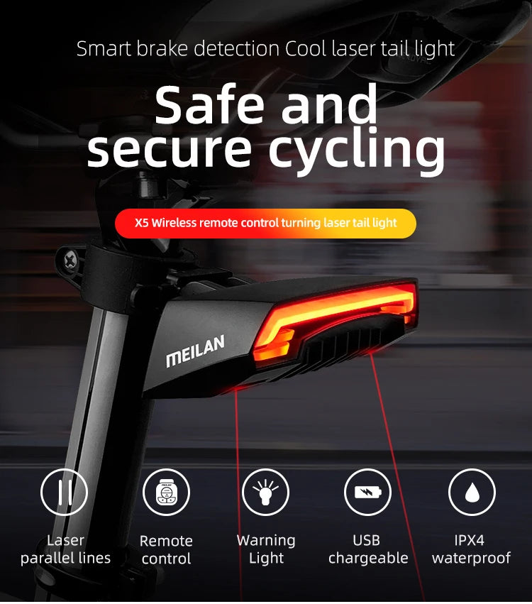 Wireless Smart USB Rechargeable Bicycle Rear Light Laser Tail  Lamp Meilan X5