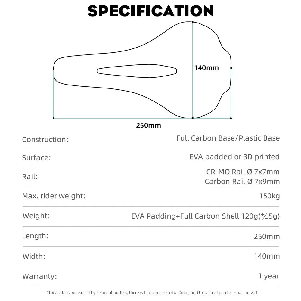 3D Printed Bicycle Ultralight Carbon Saddle 250x140mm RYET
