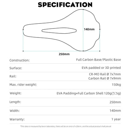 3D Printed Bicycle Ultralight Carbon Saddle 250x140mm RYET