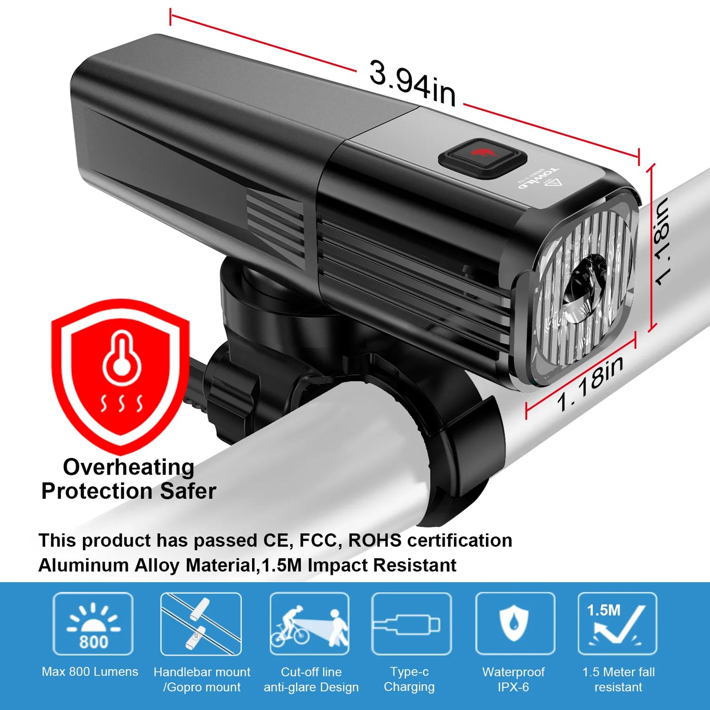 Bike Light with Tail Light USB - C Rechargeable LED TOWILD BR800
